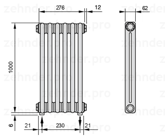 Схема (чертеж) Радиатор Zehnder Charleston 2100/6 №5310 Белый глянцевый RAL 9016